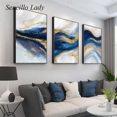 Blue Gold Abstract Canvas Painting Graphic Contemporary Art Poster and Print Wall Picture Modern Home Living Room Decoration