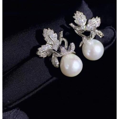 Baroque natural fresh water pearl stud earring 925 sterling silver with cubic zircon leaf fine women jewelry free shipping