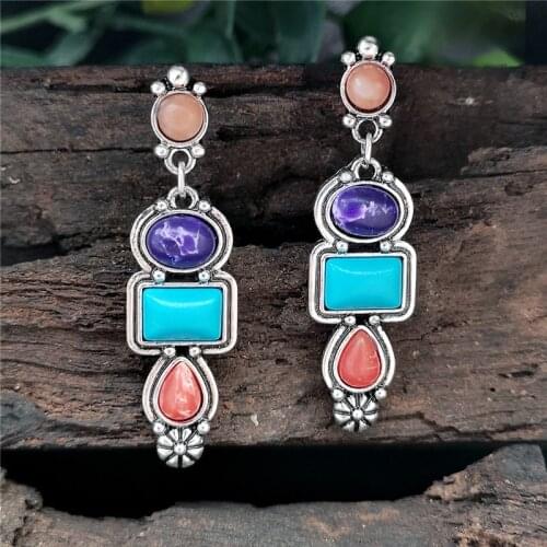 Bohemian Turquoises Stone Drop Earrings for Women Vintage Jewelry Geometric Teardrop Colorful Stone Statement Dangle Earring