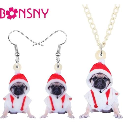 Bonsny Acrylic Christmas Costume Pug Dog Jewelry Sets Drop Dangle Animal Earrings Necklace For Women Girls Teens Decoration Gift