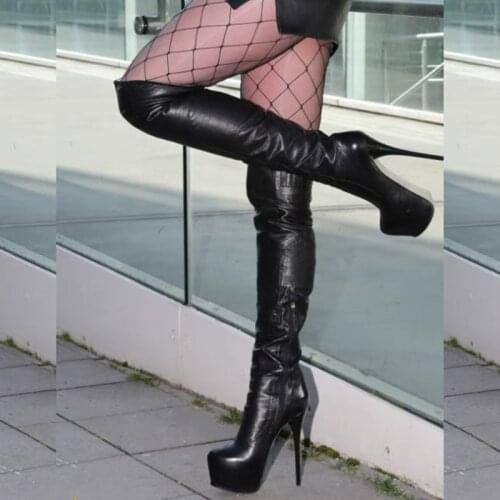 Chaussures femme winter motorcycle black leather knee thigh high long boots sexy over the knee platform high heel long botas