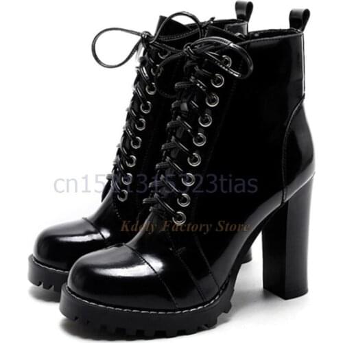 Black Patent Leather Platform Lace Up Short Ankle Boots Women Chunky Heeled Shoes Gladiator Retro Biker Boots Women Motorcycle