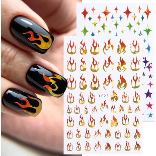 Holographic Flame Nail Stickers 3D Laser Sliders Shiny Stars Leaf Flowers Nail Designs Rose Floral Decal DIY Manicure GLL015-022