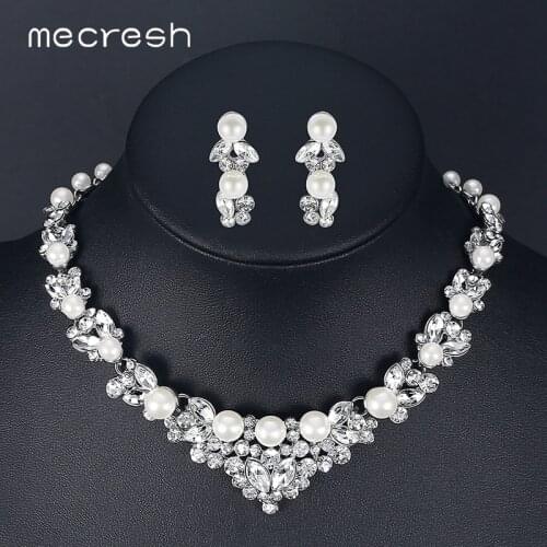 Mecresh Elegant Simulated Pearl Bridal Jewelry Sets Leaf Crystal Necklaces Earrings Sets Wedding Jewelry TL280