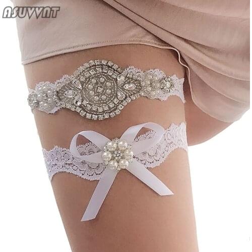 Fashion Wedding Garter Rhinestone Embroidery Flower Beading Pearl Lace Sexy Garters For Women Girl Thigh Ring Bow Leg Garter