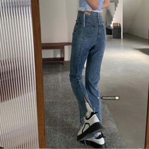 Fashion trend new girls back slit bootcut jeans female high waist slim straight leg pants ins tide mopping bell bottom pants