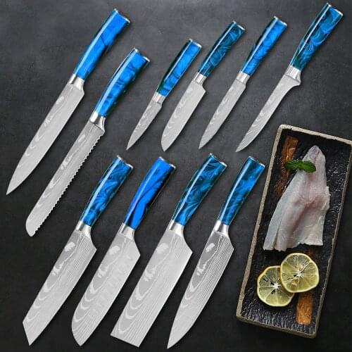 10 Pieces Kitchen Knives Set Blue Resin handle Damascus Pattern Blade Gyuto Meat Cleaver Slicer Cooking Tools Professional Knife