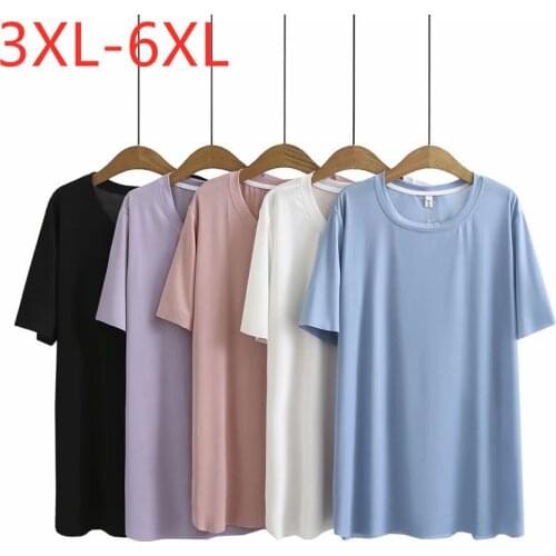New 2021 Ladies Summer Plus Size Tops For Women Large Short Sleeve Loose Viscose Blue White Long O-neck T-Shirt 3XL 4XL 5XL 6XL
