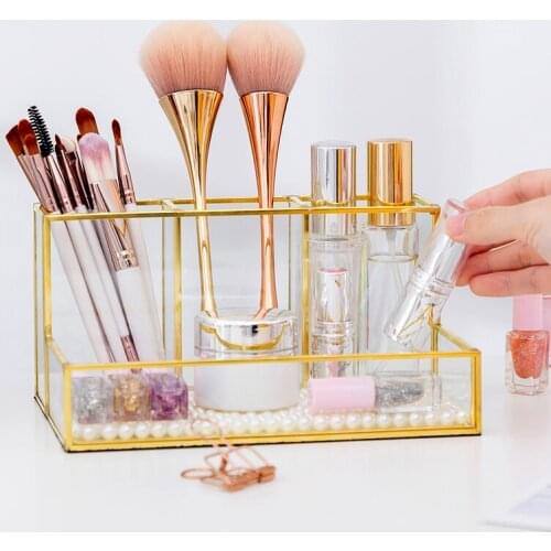 New Clear Glass Gold Makeup Storage Case Nail Polish Rack Lipstick Cosmetic Storage box Holder Makeup Brush Organizer