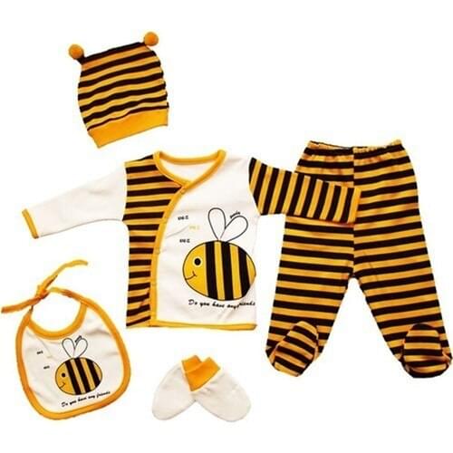 Newborn Baby Outfit Set Birthday Post Baby Cute Bee Pattern baby combed cotton bib pants booties socks hat