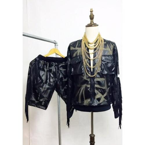 Original design personality Tassel Leather rock style performance set Nightclub male singer leather jacket casual set