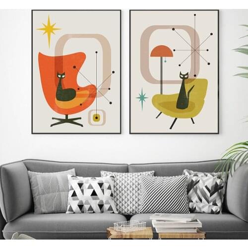 Black Cats Posters And Prints Wall Art Canvas Painting Mid Century Retro Sputnik Atomic Wall Pictures For Living Room Home Decor