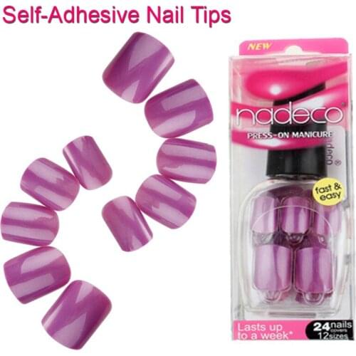 12Sets Full Cover Light Purple Lavender Self-Adhesive Artificial Nail Art Polish Tips Pre-glued Pure Color French Manicure RCP42
