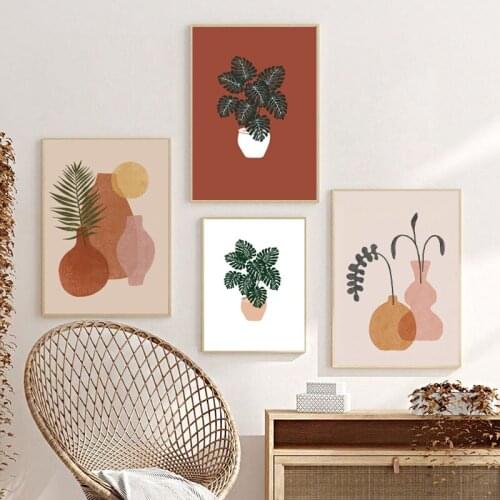 Burnt Orange Boho Abstract Paintings Canvas Print Still Life Plant Neutral Wall Art Poster Pictures for Living Room Decoration