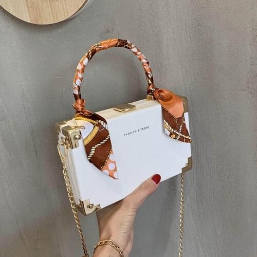 Scarf Pu Leather Box Style Metal Tote Handle Womens Party Purses and Handbags Shoulder Bag Crossbody Bag Female Evening Bag