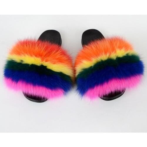 Summer Real Fox Fur Slippers Ladies Indoor Warm Furry Flip Flops Women Plush Raccoon Fur Slides Wholesale Hot