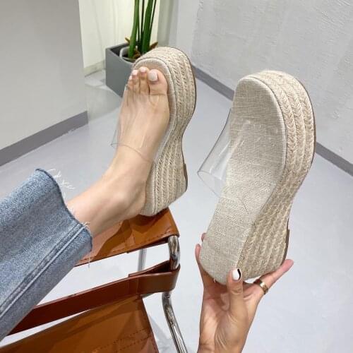 Female Shoes House Slippers Platform Slides Transparent Heel Low 2021 Rubber Fabric PU Rome Hoof Shoes Woman 2021 House Slippers