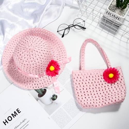 1set Summer Sun Hat Girls Kids Straw Hat Cap Beach Hats Bag Flower Tote Handbag Bags Suit Tote Handbag Flower Straw Cap