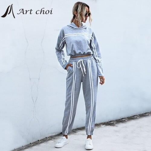 Spring Autumn Tracksuit Women Sports 2 Pieces Sets Sweatshirts Gym Fitness Loose Pants + Hoodie Fleece Cropped Shirts Sport Suit