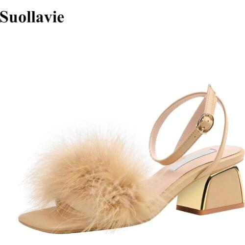 Suollavie 2020 Fashion Artificial feather women sandals open toe heels buckle strap ladies shoes New low square heel shoes women