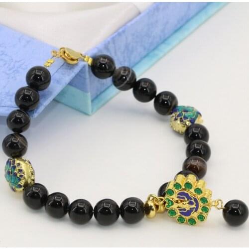 Bohemia style 8mm natural black agat onyx round beads bracelets for women gold-color cloisonne jewelry 8inch B2729