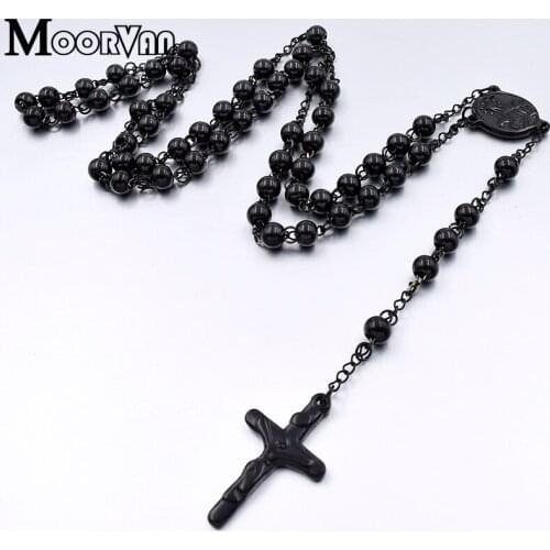 Moorvan new style,65cm 6mm stainless steel bead rosary vintage necklace christian jewelry for mens/womens VRN23