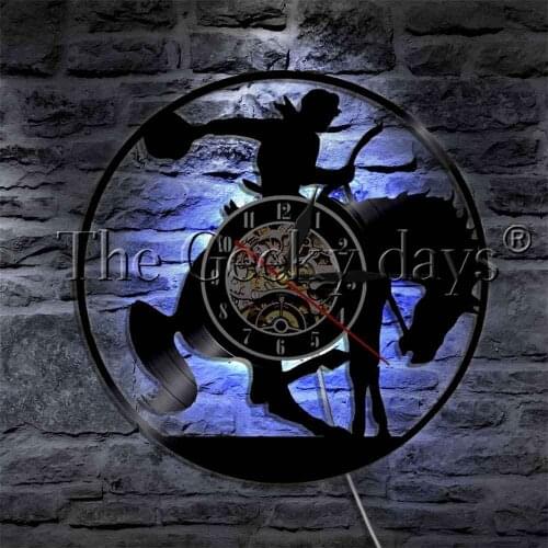 Western Cowboy Rodeo Horse Riding Silhouette LED Light Vinyl Record Wall Clock Equestrian Decorative Wall Light