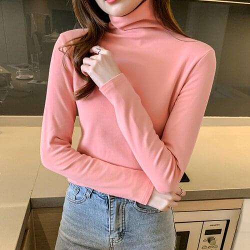 Gkfnmt Women T-Shirt Long Sleeve Korean Style Slim Basic Cotton Warm Tshirt Top Womens Clothing Autumn Winter Pink T Shirt Femme