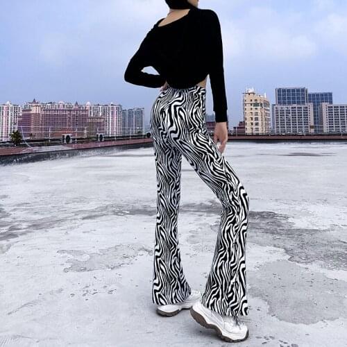 Zebra Print Y2k Aesthetic Female Flare Pants Women Casual 2021Harajuku Long Vintage Striped High Waist Trousers Sweatpants Capri
