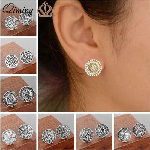 QIMING Kolovrat Womens Earrings Pagan Viking Runes Retro Men Jewelry Amulet Slavic Symbol Round Nordic Stud Earrings Gift Man