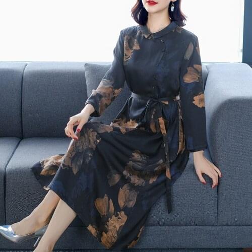 2021 Spring Vintage Real Silk Casual Midi Dress Autumn Print 3XL Plus Size Women Long Sleeve Dress Elegant Bodycon Party Vestido