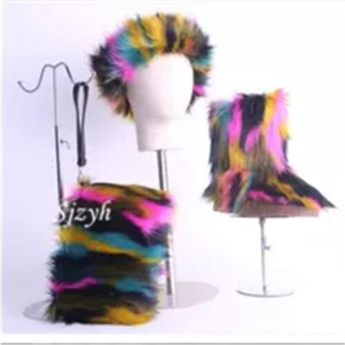 Winter Womens Warm Cotton Shoes Plush Platform Boots Rainbow Handbag Sets Female Furry Headband Fluffy Faux Fox Fur Snow Boots