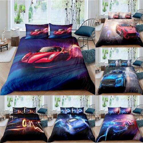 Cartoon Car Bedding Set 2/3Pcs 3D Running Duvet Cover with Pillowcase Kids Quilt Cover Home Textiles King Size Bedroom Decor