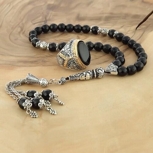 925 sterling Silver Black Onyx Embroidered Male Ring Rosary Jewelry Set
