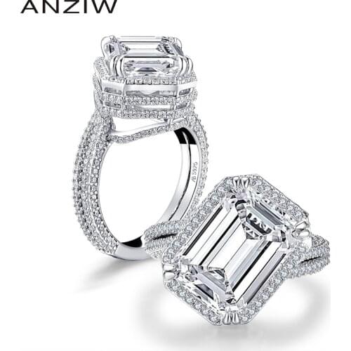 ANZIW Big 6ct Emerald Cut Halo Cut Ring Simulated Diamond Engagement Wedding Sterling Silver Ring Elegant Jewelry for Women