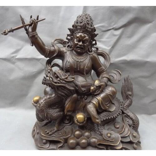 Fast shipping USPS to USA S1775 16" Tibet Pure Bronze Buddhism White Jambhala Buddha Joss Statue Ride Fly Dragon