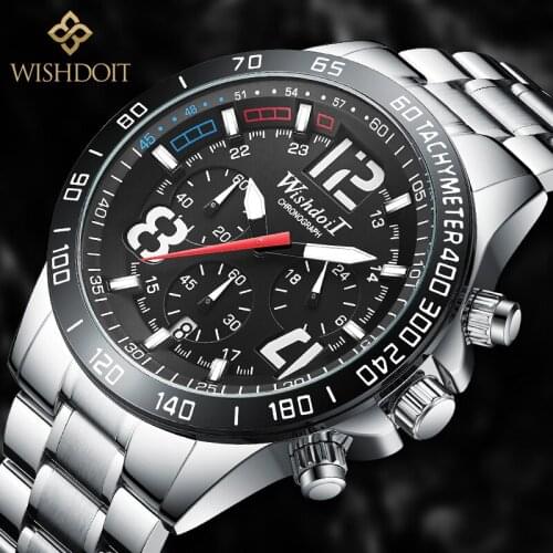 WISHDOIT 2020 New Fashion Men Watch Calendar Stainless Steel Top Brand Luxury Sports Chronograph Quartz Watch Relogio Masculino