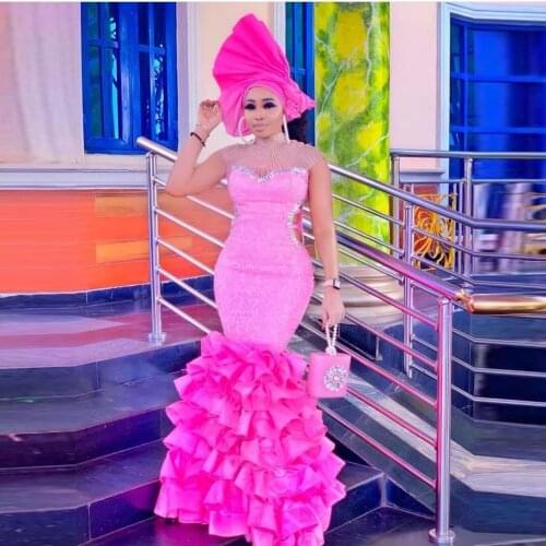 Fuchsia Prom Dresses Aso Ebi Mermaid Evening Gowns Sleeveless High Sheer Neck Cryatals Tiered Bottom Women Party Dress Vestido