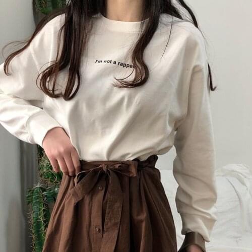 Womens Tshirt Round Neck Summer Cartoon Printed Letters Loose Long Sleeve Casual Korean Style Tee Shirt Femme