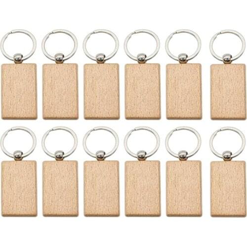 Hot YO-12 Pcs Blank Wooden Key Chain Rectangle Key Chain Tags Wood Keychains Key Ring for DIY Craft