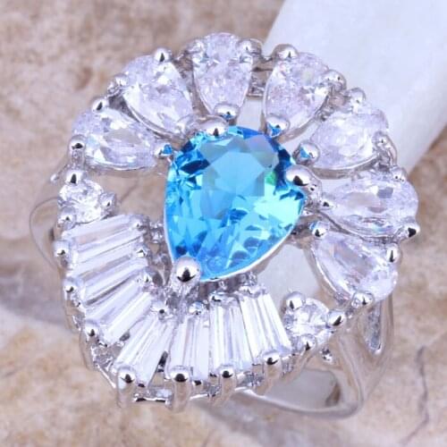 Gracious Sky Blue Cubic Zirconia White CZ Silver Plated Womens Ring Size 6 / 7 / 8 / 9 R1077