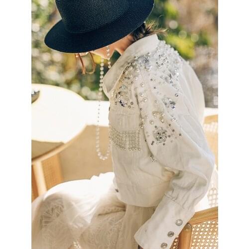 IRINAMS062 Spring Summer 2021 Original Design New Arrivals Pearl Beading White Denim Jacket Women