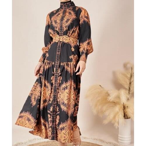 Wepbel Muslim Dress Large Swing Dubai Middle East Abaya Vintage Printe Palace Style Long Sleeve Robe High Waist Kaftan Dress