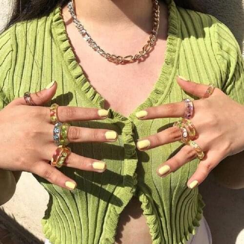 2021 Korea Colorful Fashion Resin Fruit Ring Set Metal Geometric Irregular Open Rings for Women Party Wedding Jewelry Ring Set