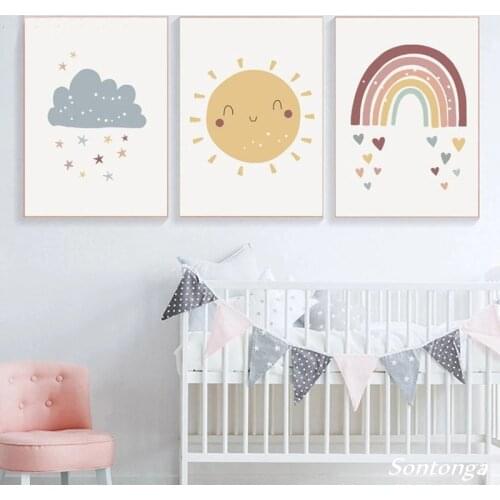 Nursery Wall Art Prints Rainbow Cloud Canvas Painting Sun Art Posters Child Poster Nordic Wall Pictures for Baby Bedroom Decor