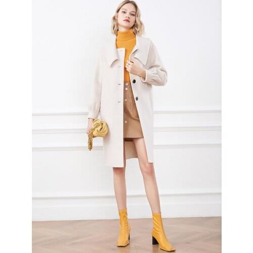 New Beige Wool Single Breasted Medium Length Woolen Overcoat in Winter 2021