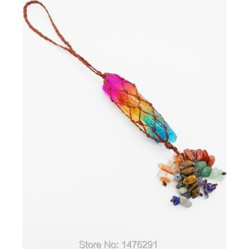 Charm Mix-Color Crystal Column And Natural Chip Bead Knotting Amulet Dowsing Healing Chakra Pendulum 8 Inch