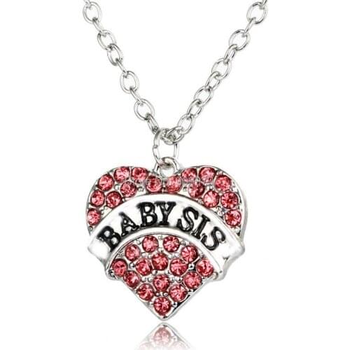 Pink Crystal Heart Girls Baby Sis Sister Pendant Necklace Silver Plated Rhinestone Charm Family Party Gift Fashion Jewelry