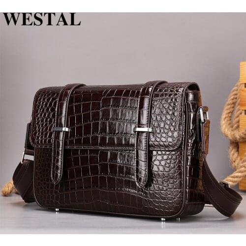 WESTAL Crocodile Skin Shoulder Bag For Men Casual Crossbody Male Side Bags Satchel Pack Leather Mans Messager Bag Sling Bags