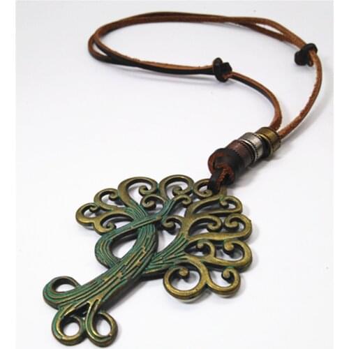 Trendy Retro Green Tree Beads Fashion Collar Vintage Charms Pendant Leather Pendants Men Necklace Women Sweater Chain Jewelry
